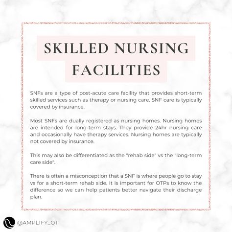 Have you had patients get confused about the difference between a SNF and nursing home? When I worked in acute, many patients were hesitant to go to SNF because they thought they were being sent a nursing home. ⁠ By understanding the difference between SNF and NH I could educate patients on the difference and help them feel more comfortable about this valuable post-acute care option. Skilled Nursing Facility, Acute Care, Care Hospital, Nursing Care, Long Term Care, Care Facility, Future Career, Nursing Home, Quick Guide