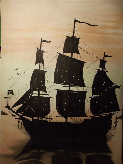 Pirates Of The Caribbean Silhouette, Watercolor Pirate Ship, Pirate Core Room, Pirate Ship Silhouette, Pirate Ship Painting, Sea Sketch, Boat Painting Acrylic, Pirate Ship Drawing, Ghost Pirate