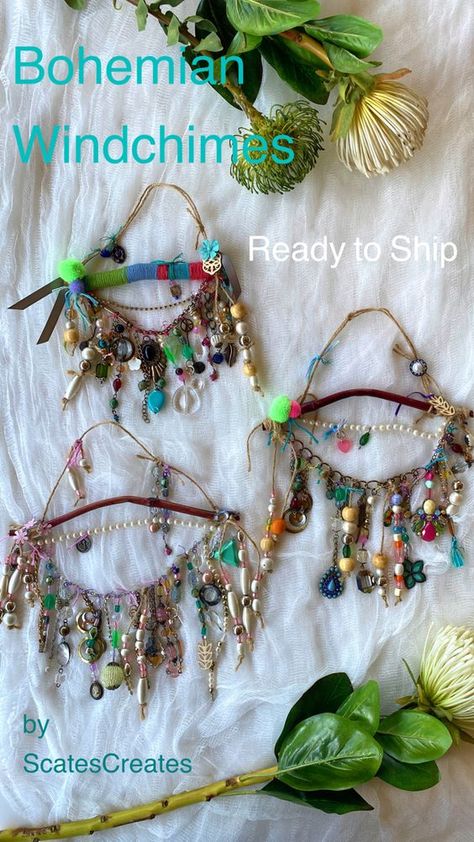 Eclectic and one of a kind, these bohemian inspired windchimes have been lovingly made and are Ready To Ship. Order through ScatesCreates ETSY #homedecorideas #handmade #handmadehomedecor #windchimes #eclecticdecor #bohemian #beachhomedecor #giftideas Window Chimes, Bohemian Jewelry Diy, Handmade Windchimes, Windchimes Diy, Girls Camp Crafts, Hippie Crafts, Wind Chimes Homemade, Bohemian Crafts, Boho Crafts