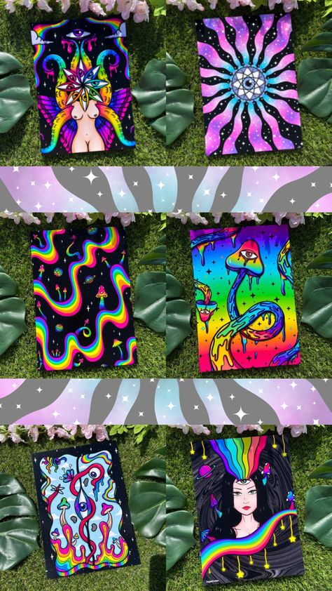 Trippy Crystal Art, Trippy Blacklight Paintings, Trippy Forest Art, Trippy Table Painting, Easy Mushroom Drawing Trippy, Psychadelic Art Painting, Paint Marker Paintings, Trippy Drawings Colorful, Stash Box Painting Ideas Trippy