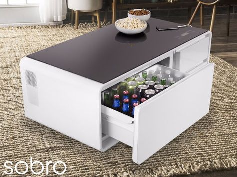 Take your Netflix-And-Chill game to new levels with the Sobro bluetooth-connected, refrigerator coffee table. Coffee Table With Fridge, Smart Table, Beer Fridge, Refrigerator Drawers, Built In Refrigerator, Cool Tables, Cool Coffee Tables, Beverage Cooler, Mini Fridge