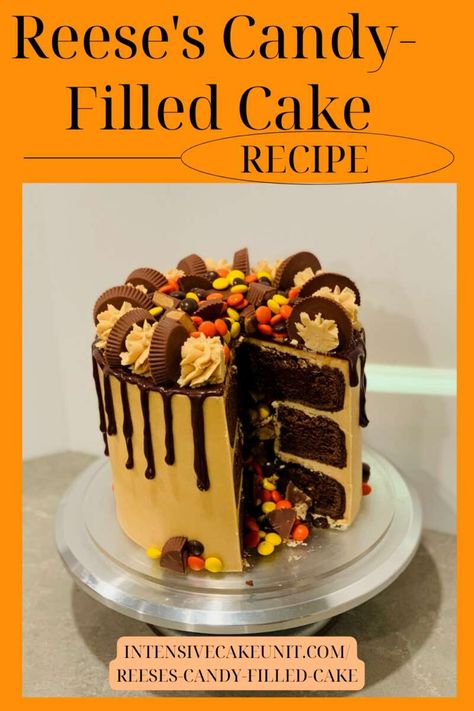 Reese's Candy Filled Cake - pin 1 Reese Cup Birthday Cake, Peanut Butter Reeces Cake, Reese Cake Birthday, Reese’s Cake Decoration, Reese’s Cake, Candy Filled Cake, Reeces Cake, Cake Daisy, Reese's Cake