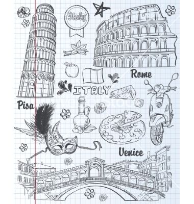 Italy Sketches, Croquis Architecture, Italy Illustration, Travel Doodles, Black Contour, Italy Architecture, Pizza Art, Travel Journal Scrapbook, Food Vector