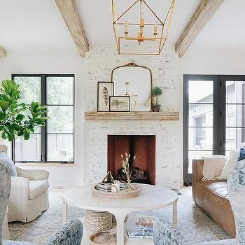 Painted White Brick Fireplace with Gold Mirror - Transitional - Living Room Modern English Farmhouse, French Country Family Room, Country Family Room, Ideas Decoracion Salon, French Country Interior, White Brick Fireplace, Painted Brick Fireplace, English Farmhouse, Contemporary French