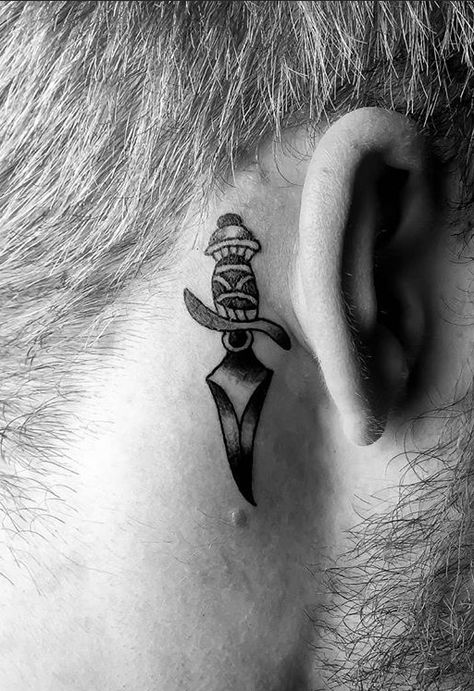 Traditional Behind The Ear Tattoo, Behind Ear Tattoo Traditional, Traditional Ear Tattoo, Tattoo In Ear, Behind The Ear Tattoo Ideas For Men, American Style Tattoo, Traditional Dagger Tattoo, Traditional Dagger, Face Tats