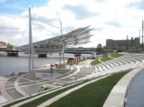 Mark’s Park Amphitheatre | Waterloo, Iowa | Waterfront Amphitheater, Water Architecture, Outdoor Stage, Landscape Design Drawings, Urban Design Concept, Library Architecture, Landscape Elements, Front Landscaping, Architecture Concept Drawings