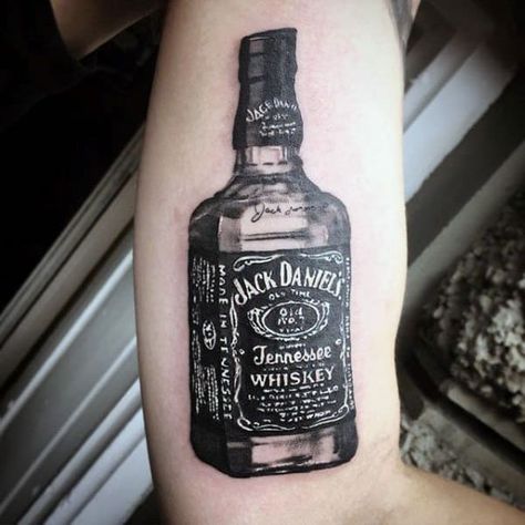 60 Jack Daniels Tattoo Designs For Men - Whiskey Ink Ideas Jack Daniels Tattoo, Justin Tattoo, Daniel Tattoo, Beer Tattoos, Casino Tattoo, Vegas Tattoo, Jack Daniels Bottle, Small Dragon Tattoos, Bottle Tattoo