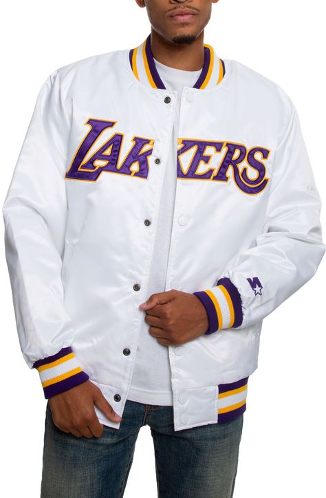 Starter Los Angeles Lakers Jacket White/purple/yellow Lakers Outfit, Lakers Jacket, Nba Jacket, Lakers Logo, Big Women Fashion, Nba Store, Black Men Street Fashion, Varsity Jackets, Men Street Fashion