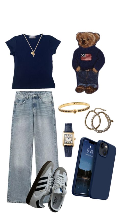 Jeans, Navy blue top, sambas, Ralph Lauren, jewelry, gold Blue Top And Jeans Outfit, Top And Jeans Outfit, Navy Blue Outfit, Ralph Lauren Jewelry, Samba Outfit, Top And Jeans, Navy Blue Top, Jeans Outfit, Blue Outfit