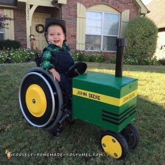 Wheelchair John Deere Tractor and Farmer Costume Tractor Costume, Farmer Halloween Costume, Farmer Halloween, Farmer Costume, Wheelchair Costumes, Homemade Tractor, Amazing Halloween Costumes, Parenting Issues, John Deere Tractor