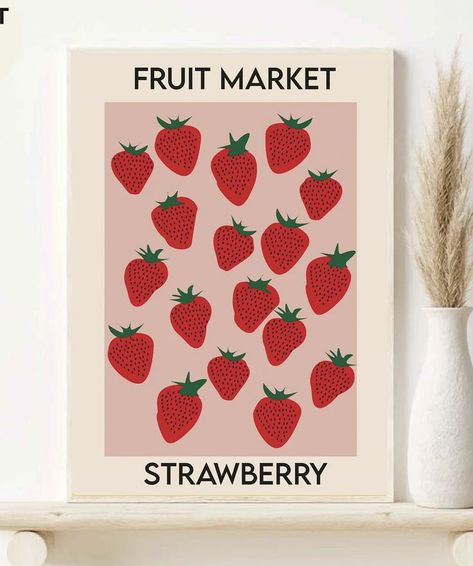 Strawberry Poster, Line Art Flowers, Fruit Market, Food Wall Art, Dorm Wall Art, Hotel Room Design, Flower Painting Canvas, Canvas Drawings, Office Prints