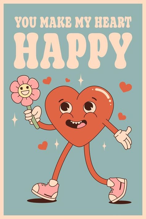 Retro groovy poster with heart and flower. Happy Valentines Day. You make my heart happy. Trendy 70s cartoon style. Card, postcard, print. Valentines Animation, 70s Valentines, 70s Posters, Retro Valentine Cards, Groovy Poster, Retro Postcard, Vector Snowflake, Graffiti Drawings, 70s Cartoons