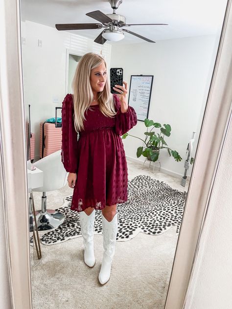 Favorite fall red dress Burgundy Short Dress Boots, White Dress Red Boots, Dresses With White Boots, White Dresss White Boots Fall, Red Mini Dress With Cowboy Boots, Dress With Short Boots, Christmas Sweater Dress White, Cranberry Dress, Christmas Party Outfit Work