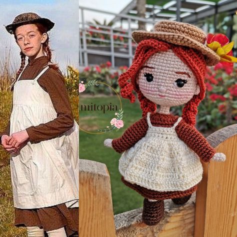 Amigurumi crochet doll with safety eyes and crochet hair. The doll dress up brown dress, beige hat, and off-white apron. Anne Of Green Gables Crochet, Anime Crochet, Baby Toys Newborn, Diy Crochet Doll, Bear Valentines, Anne With An E, Teddy Bear Pattern, Anne Of Green, Dolls For Sale