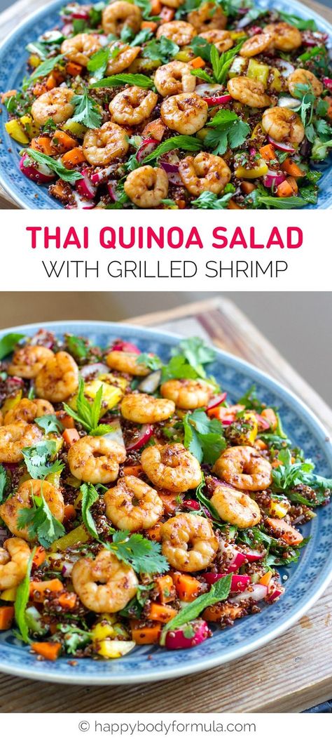 Thai Quinoa Salad With Grilled Shrimp - This quick and easy meal might be slacking in the ‘prep time’ department, but it’s making up for that with big flavor and lots of nutrients. We could all afford to squeeze healthier food into lesstime – right?We’re pairing up one of our favorite naturally gluten-free “pseudograins” – quinoa – with grilled shrimp for a big boost of protein. #quinoa #shrimp #healthyeats #healthy #healthyfood #dinner #dinnerrecipe #salad #summerfood Quinoa Shrimp, Salad With Grilled Shrimp, Thai Quinoa Salad, Thai Quinoa, Bbq Pork Ribs, Pork Rib Recipes, Sans Gluten Sans Lactose, Healthier Food, Low Carb Breakfast Recipes