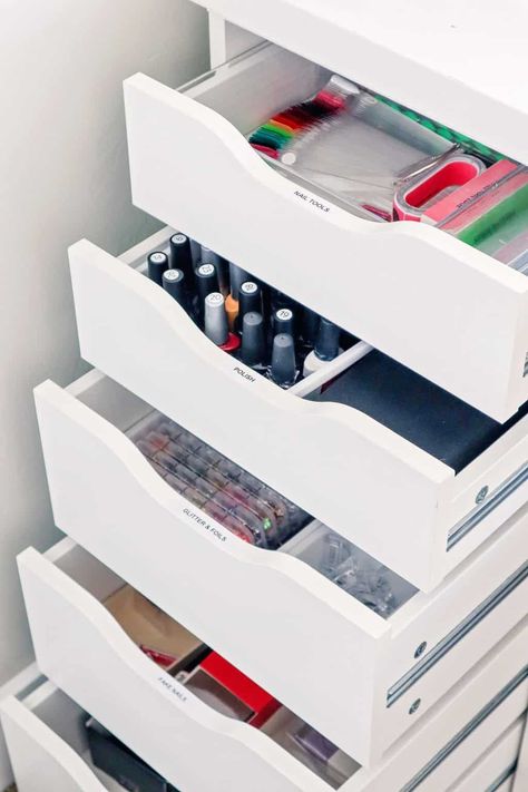 How to organize all of your nail polish and nail art essentials! Nail Supplies Storage, Nails Organization Ideas, Nail Art Organization, Nail Supply Storage Ideas, Nail Supply Storage, Nail Supply Organization Ideas, Nail Organization Ideas, Nail Organization Ideas At Home, Nail Storage Ideas