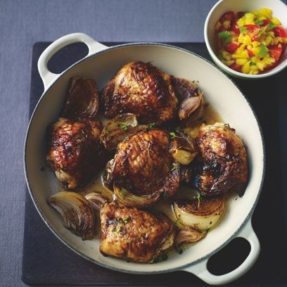 Lorraine Pascale's baked jerk chicken with rice and peas. For the full recipe, click the picture or see www.redonline.co.uk Jerk Chicken With Pineapple Salsa, Jerk Chicken With Pineapple, White Wine Pan Sauce, Chicken With Pineapple Salsa, Baked Jerk Chicken, Chicken With Pineapple, Pan Sauce, Pineapple Salsa, Fast Dinners