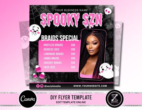 Braid Price List, Halloween Braids, Spirit Baby, Canva Flyer, Template For Business, Hair Flyer, Halloween Flyer, Social Media Flyer, Sale Flyer