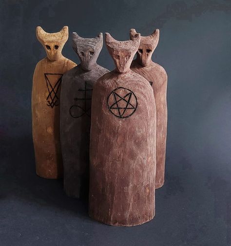 Primitive Wooden Crafts, Pagan Wood Crafts, Occult Sculpture, Pagan Statues, Pagan Decorations, Demon Lucifer, Demon Statue, Wooden Altar, Wood Carving Art Sculpture