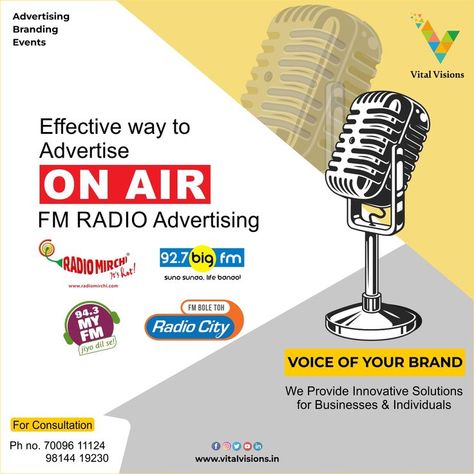 "We Provide Customized #AdvertisingSolution for #Businesses & #Individuals" #advertising #tv #radio #Outdoor #newspaper #events #activation #digitalmedia #branding #vitalvision #india www.vitalvisions.in Contact us on : 70096-11124 Radio Advertising, Tv Radio, Birthday Flyer, Radio City, Fm Radio, Digital Media, Newspaper, Contact Us, Branding