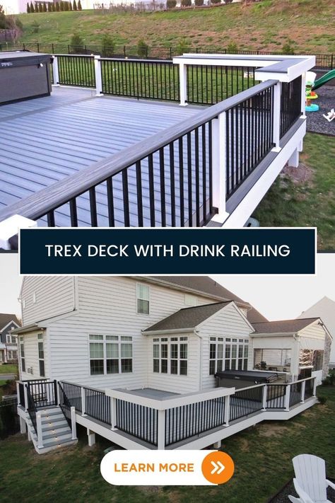 gray and white trex deck design with a black drink railing Trex Patio, Trex Deck Railing, Trex Deck Designs, Vinyl Deck Railing, Wood Deck Railing, Deck Stair Railing, Deck Railing Systems, Aluminum Railing Deck, Deck Railing Ideas