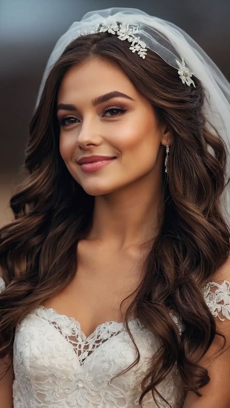 Updos, Curls, and Veils: 15 Wedding Hairstyles That Inspire Happiness - Fads Hair Down With Veil, Hair And Veil, Hairstyles With Veil, Hairstyles Bride, Veil Ideas, True Bride, Side Swept Curls, Vintage Curls, Betty Veronica