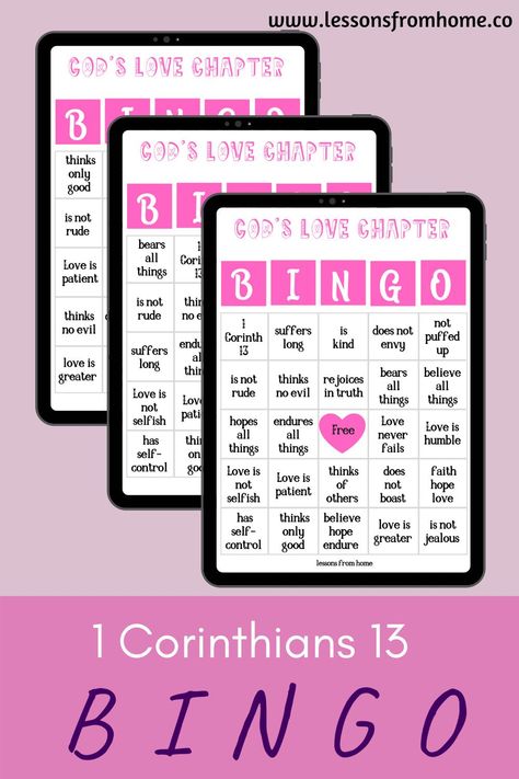 Are you looking for a fun way to teach God's word? Check out this Bible Bingo for kids based on 1 Corinthians 13. Valentine's Day is a perfect time to teach your kids about God's love and why not make it fun? #Biblebingo #valentinesday #bingoforkids #godslove #lessonsfromhome 1 Corinthians 13 Lesson For Kids, 1 Corinthians 13 Sunday School Lesson, Bible Fasting, Proverbs For Kids, Sunday School Valentines, Bible Bingo, Valentines Bible Verse, Christian Games, Youth Bible Study