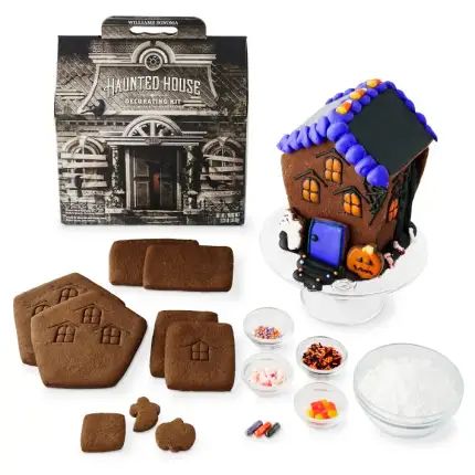 Halloween Has Arrived at Williams Sonoma, and There Are Haunted Gingerbread Houses | Apartment Therapy Halloween Candy House, Halloween Cookie House, Diy Halloween Haunted House, Kit Williams, Halloween Mansion, Diy Haunted House, Halloween Haunted House Diy, Haunted Gingerbread House, Halloween Gingerbread House