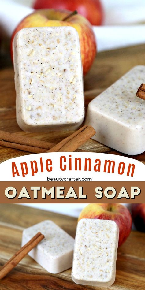 Apple Cinnamon Oatmeal Soap - Easy Melt and Pour oatmeal soap recipe. Cinnamon Soap Recipe, Oatmeal Soap Recipe, Cinnamon Soap, Easy Soap Recipes, Diy Soap Bars, Diy Soap Recipe, Apple Cinnamon Oatmeal, Săpunuri Handmade, Handmade Soap Recipes