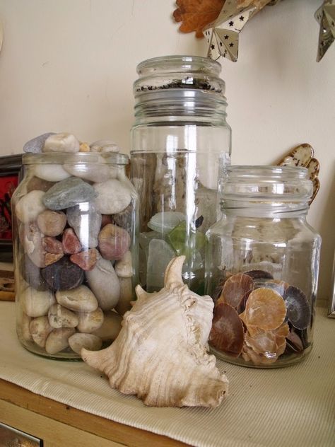 Wild Treasures: 5 Ways To Display Beachcombing Finds Beach Combing Art, Beachcombing Finds, Charleston House, Jar Display, Martha’s Vineyard, Charleston Homes, Rock Decor, Witchy Decor, Beach Crafts