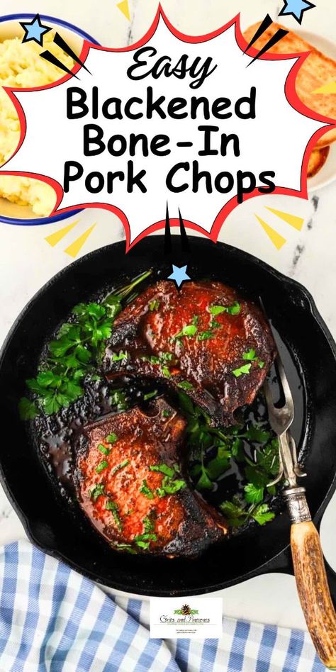 This recipe makes a delicious pork chop meal for your family! Blackened pork chops are the perfect way to enjoy a restaurant-quality meal at home. Start with thick, bone-in pork chops that are coated in blackening seasoning, pan-seared in a cast iron skillet, and then finished in the oven. This would be a hit for a weeknight meal this summer or to serve Dad on Father's Day! Blackened Steak Recipe, Blackened Pork Chops, Pork Chops In Oven, Blackening Seasoning, Bone In Pork Chops, Southern Potato Salad, Cast Iron Skillet Recipes, Baked Pork Chops, Chops Recipe