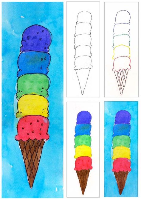 Ice Cream Cone Watercolor Painting                                                                                                                                                     More Zantangle Art, Ice Cream Crafts, Mathematics Geometry, First Grade Art, Kindergarten Art Projects, 2nd Grade Art, 3rd Grade Art, Art Projects For Kids, Sports Camp