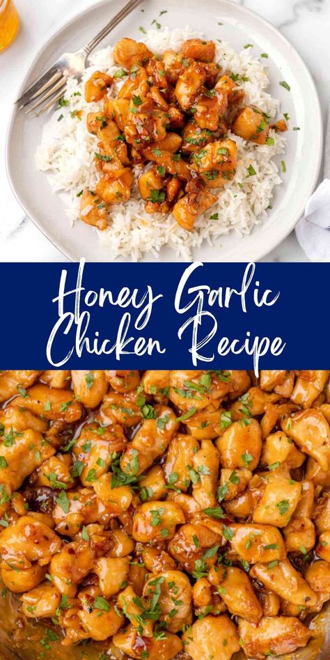 This easy honey garlic chicken recipe is a delicious weeknight dinner recipe that's packed with flavor and is ready in just 20 minutes! Garlic Chicken Recipes Easy, Easy Honey Garlic Chicken, Honey Chicken Recipe, Garlic Chicken Recipe, Healthy Honey, Garlic Chicken Recipes, Easy Chicken Dinner Recipes, Honey Garlic Chicken, Chicken Dishes Recipes