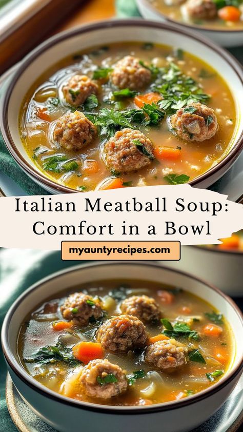 Savor the taste of Italy with this hearty Italian Meatball Soup! Each spoonful is filled with savory meatballs and vegetables, creating a cozy bowl of comfort. Perfect for cool evenings or as a filling family meal. Soup Recipes Meatball, Easy Italian Meatball Soup, Vegetable Soup With Meatballs, Soup With Mini Meatballs, Meatball Gnocchi Soup, Meatballs Soup Recipes, Italian Meatball Soup Recipes, Frozen Meatball Soup, Beef Meatball Soup