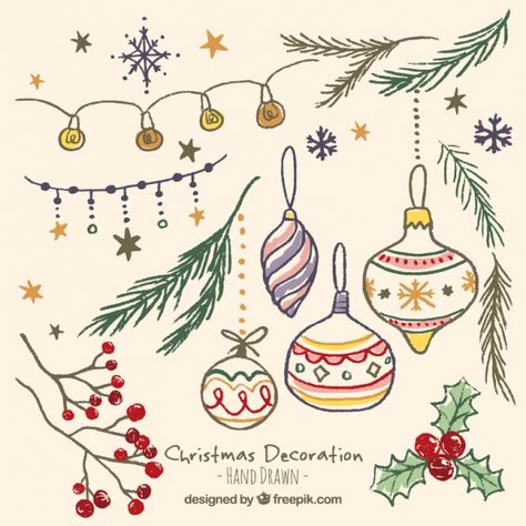 Hand drawn beautiful christmas ornaments in vintage style Free Vector Crismas Tree, Beautiful Christmas Ornaments, Christmas Fonts Free, Christmas Tree Drawing, Ornament Drawing, Christmas Embroidery Patterns, Christmas Tree Art, Christmas Doodles, Christmas Card Art