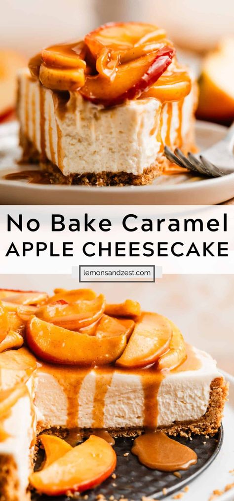 Two of your favorites: caramel apples and cheesecake come together in this simple no bake recipe. This No Bake Caramel Apple Cheesecake starts with a graham cracker crust, topped with an easy no bake cheesecake and topped with fried caramel apples. It's a new classic! No Bake Caramel Apple Cheesecake Bars, Caramel Apple No Bake Dessert, Luxurious Caramel Apple Cheesecake, Easy Quick Cheesecake Recipes, Carmel Apple No Bake Cheesecake, Fall No Bake Cheesecake, Easy Thanksgiving Cheesecake, Carmel Apple Cheesecake No Bake, No Bake Apple Cheesecake Recipes