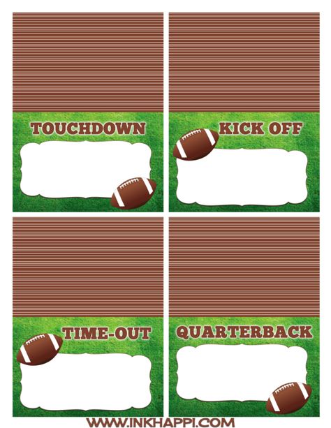 Decorate your Super Bowl food table with these football game table tents || Shop perforated cardstock table tents at onlinelabels.com/cardstock.htm Steelers Party, Football Dinner, Sports Party Food, Football Printables, Panther Football, Football Candy, Food Table Decorations, Fantasy Football Humor, Football Template