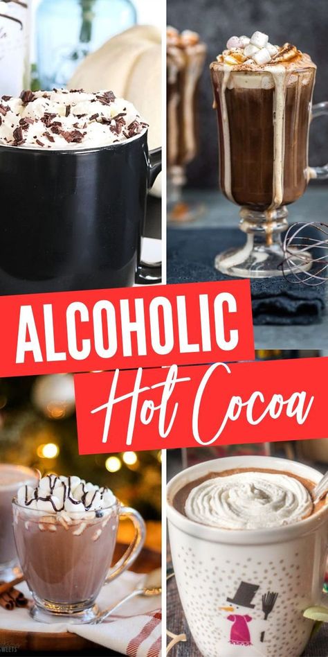 Boozy Hot Chocolate Recipes| Adult Hot Chocolate| Hot Chocolate for Adults| Winter Cocktails| Spiked Hot Chocolate| Apres Ski Ideas | Fun Winter Potluck Ideas | Christmas Drinks that are Fun | What to drink after sledding | Delicious hot cocoa ideas for ice fishing #boozyhotchocolate #wintercocktails #hotchocolate #adulthotchocolate Vodka Hot Chocolate, Alcoholic Hot Chocolate, Chocolate Cocktail Recipes, Spiked Hot Cocoa, Hot Chocolate Cocktail, Creamy Hot Chocolate, Boozy Hot Chocolate, Spiked Hot Chocolate, Salted Caramel Hot Chocolate