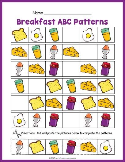 Free Printable Pattern Worksheets Abc Pattern Worksheet Free Printables, Ab Pattern Worksheet, Breakfast Images, Ab Pattern, Pattern Worksheets For Kindergarten, Ab Patterns, Abc Patterns, Sequencing Worksheets, Pattern Worksheet