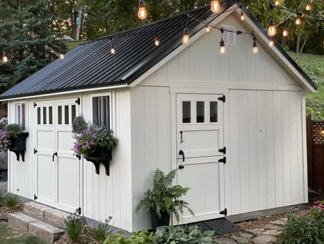 Storage Shed Design, Farmhouse Shed Ideas, White Garden Shed, White Shed, Garden Shed Exterior Ideas, Shed Pool House, Shed Exterior Ideas, Farmhouse Sheds, Cottage Garden Sheds