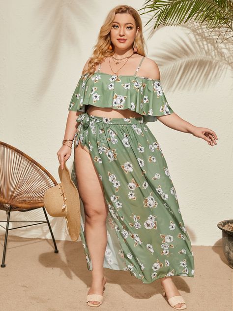 Multicolor Boho    Floral  Embellished High Stretch  Plus Size Beachwear Ruffle Hem Skirt, Two Piece Swimwear, Beach Skirt, Swimwear Sets, Beach Swimsuit, High Waist Bottoms, Moda Fitness, Plus Size Swimwear, Beach Outfit