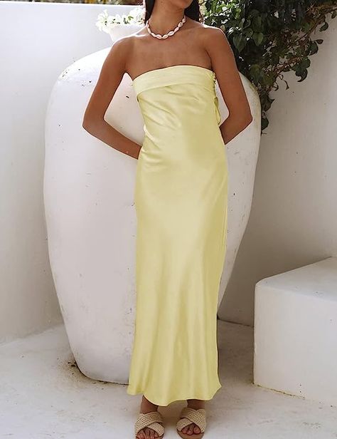 Realtix Satin Silk Backless Tube Tops Maxi Dress for Women Low Back Hollow Out Elegant Strapless Long Dresses Wedding Guest Pale Yellow Dress, Yellow Satin Dress, Pale Yellow Dresses, Strapless Long Dress, Yellow Satin, Guest Attire, Tube Top Dress, Wedding Attire Guest, Backless Maxi Dresses