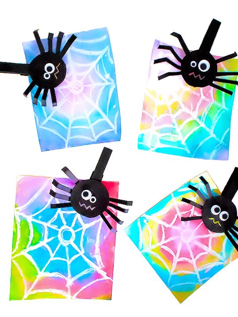 Crayon Resist Watercolor Spider Web Craft with Clothespin Spiders #Halloween #watercolors #spiders #clothespincraft #kidscraft #kidcrafts Watercolor Spider Web, Spider Crafts Preschool, Toucan Craft, Spider Web Craft, Spider Craft, Bus Crafts, Spider Crafts, Monster Crafts, Suncatcher Craft