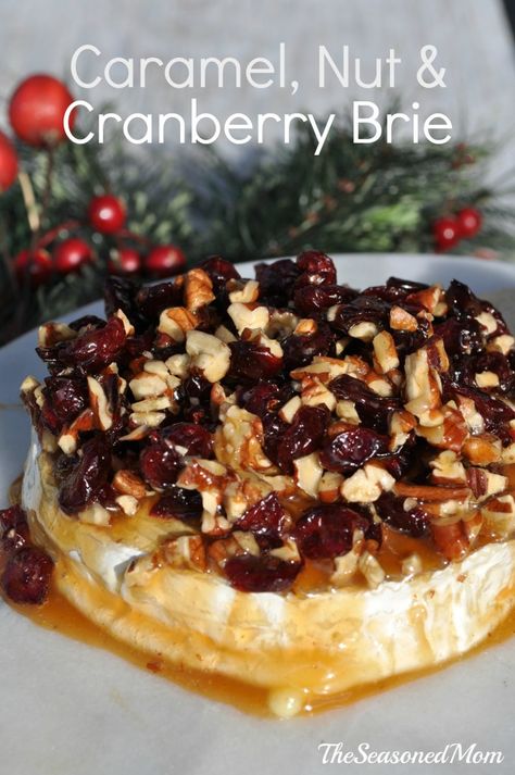 Caramel Nut and Cranberry Brie Appetizer - The Seasoned Mom - quick, easy, and fantastic! Cranberry Brie Appetizer, Brie Recipes Appetizers, Brie Appetizer, Cranberry Brie, Pecan Topping, The Seasoned Mom, Brie Recipes, Caramel Ice Cream, Cranberry Cheese