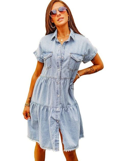 Down Loose Short Sleeve Denim Jean Dress - Drop Shoulder A-Line Paneled Peasant Closed Bateau V-Neck Dress Short Sleeve Denim, Maxi Dresses Formal, Chic Jumpsuit, Denim Jean Dress, Long Sleeve Denim Jacket, Velvet Dresses, Pajamas Sets, Jean Dress, Floral Knit