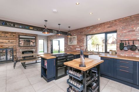 Brick, navy, grey, wood and rose gold kitchen 😍😍 Navy Blue And Rose Gold Kitchen, Navy Industrial Kitchen, Blue And Brick Kitchen, Navy Blue Kitchen Cabinets Brick Backsplash, Kitchen Design Rose Gold, Blue And Rose Gold Kitchen, Navy And Rose Gold Kitchen, Wood And Blue Kitchen, Navy And Wood Kitchen