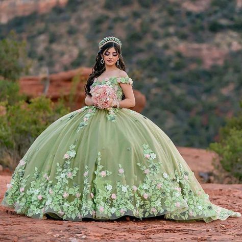 Tiana Quince, Sage Green Quinceanera, Red Ball Dress, Green Quince Dress, Quinceñera Ideas, Quince Photoshoot, Princess Sweet 16, Quinceanera Dresses Red, Quinceanera Theme