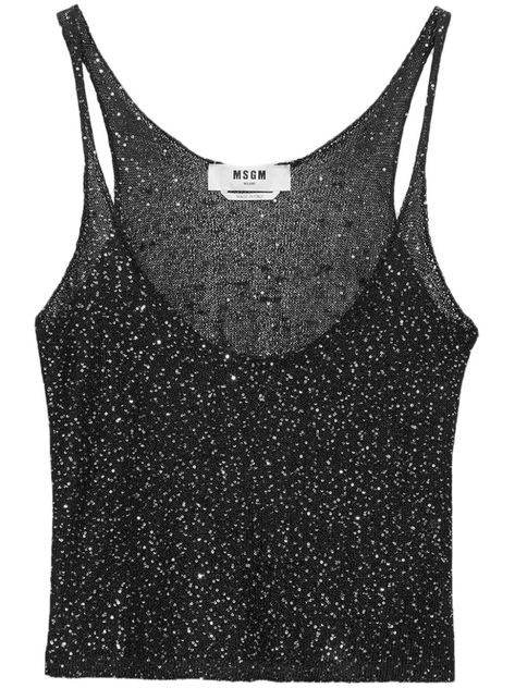 jet black knitted construction sequin embellishment scoop neck sleeveless scoop back straight hem Studded Tank Top, Fit Checks, The Bling Ring, Sequin Tank Top, Bling Ring, Cold Fits, Sequin Embellishment, Wedding Guest Looks, City Dress