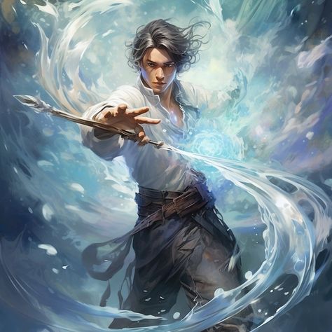 "Conjuring Aquatic Wonders: The Enigmatic Artistry of a Water Magician." Fantasy Magician, Magician Art, Pathfinder Maps, Male Witch, Elemental Magic, Water Element, Art Fantasy, Magic Art, Action Poses