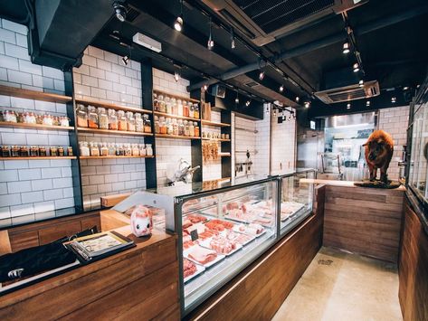 (shelves on tile) Bones & Blades, Hong Kong Butcher Store, Local Butcher Shop, Carnicerias Ideas, Meat Store, Deli Shop, Meat Shop, Meat Markets, Cheese Shop, Butcher Shop